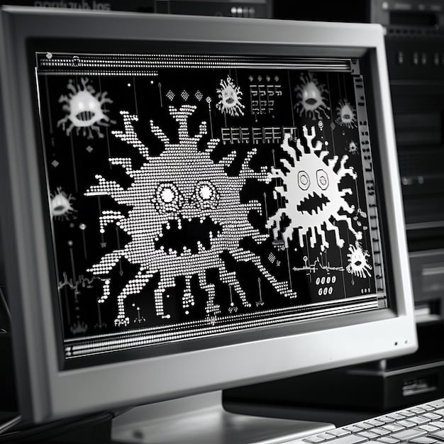 A close-up of a computer screen displaying various cybersecurity icons and symbols, illustrating the range of digital threats and vulnerabilities that journalists face in the digital age.