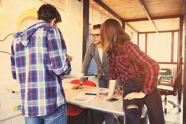 A group of young people are working together in a co-working space, brainstorming ideas for a local news website. Whiteboards covered in notes and diagrams surround them, and the atmosphere is collaborative and innovative.