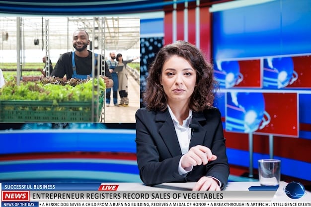 A news studio with a journalist on set, reporting live with a large screen behind them displaying a news story being covered in video format. The studio is well-lit with professional cameras and equipment, showcasing a high-quality video production environment.