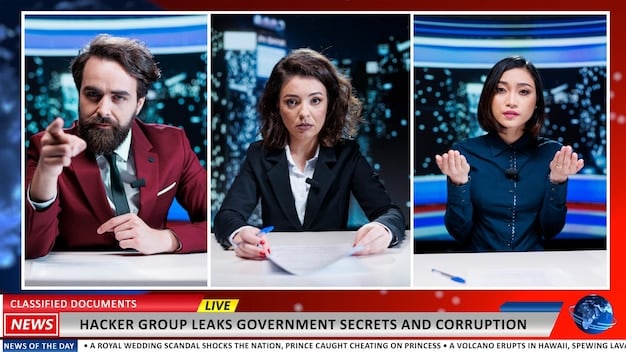 A divided screen showing two groups of people arguing, with distorted images of political leaders superimposed on their faces. The colors are contrasting, with one side in warm tones and the other in cool tones, symbolizing the polarization caused by deepfakes.