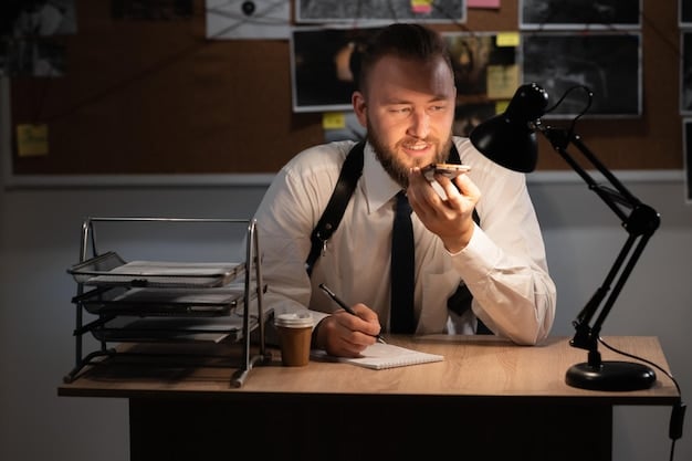 A journalist sitting at a desk, looking stressed, with a corporate logo projected onto their notebook, showing the stress of corporate influence on journalism.