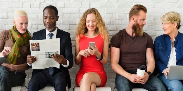 A diverse group of people engaged in a discussion about a news article highlighting a scientific study, with one person pointing to a checklist titled 