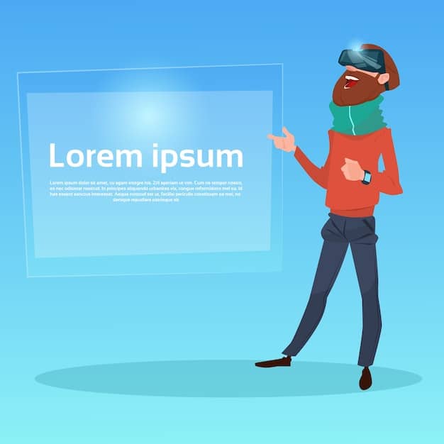 A user wearing augmented reality smart glasses and interacting with a virtual overlay that displays real-time data, notifications, and information about nearby objects and points of interest. The interface is clean, unobtrusive, and contextually relevant, providing valuable information without overwhelming the user.