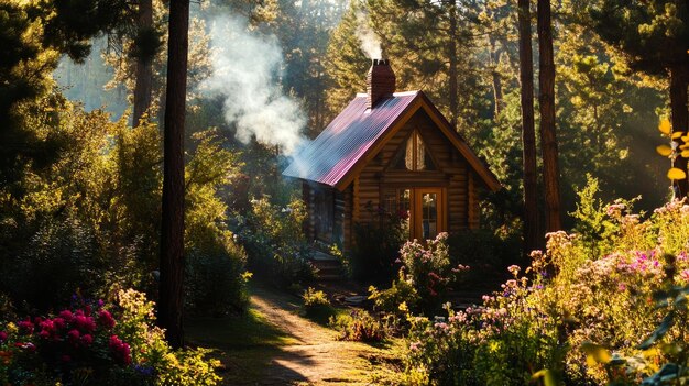 A cozy cabin nestled in a forest, with smoke gently rising from the chimney. The cabin is surrounded by lush greenery and colorful wildflowers, with soft sunlight filtering through the trees.