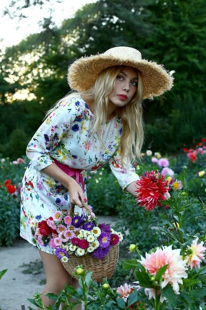 A woman wearing a long, flowing floral dress and straw hat, tending to a garden filled with colorful flowers. She is holding a watering can and smiling gently.