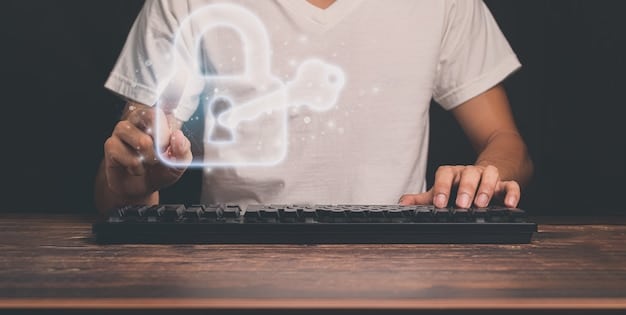 A person using a secure password generator on a laptop, with various security icons floating around them.