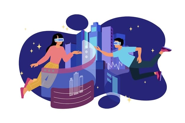 A stylized infographic illustrating the growth of metaverse users and the increasing investment in metaverse-related technologies.
