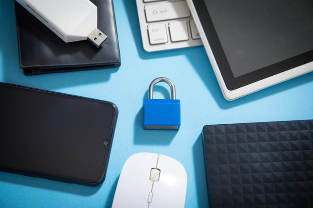 A padlock icon displayed on various digital devices (smartphone, tablet, laptop), symbolizing data encryption and security measures.