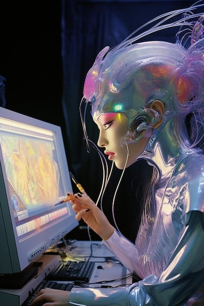 A digital artist using AI tools to generate dynamic backgrounds and visual effects for a livestream. The artist is fine-tuning parameters on a tablet, while the AI creates a constantly evolving environment on the screen. This showcases AI's role in enhancing the production quality of livestreams.
