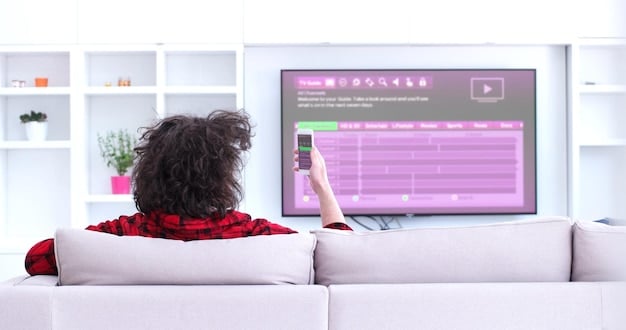 A smart TV displaying a personalized livestreaming dashboard with content recommendations based on the viewer's watch history. Icons for various interests and settings are visible, highlighting the customization options available. The room is modern and comfortable, emphasizing the ease of access to personalized content.