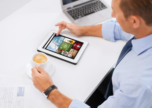 A person using multiple social media platforms on a tablet, with icons representing community engagement and growth strategies. The surrounding environment is a modern, bright office space.