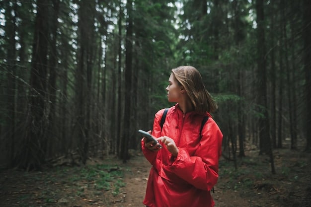 A person surrounded by nature, hiking in a forest, with a backpack, and smiling. The scene should convey peace and disconnection from technology.