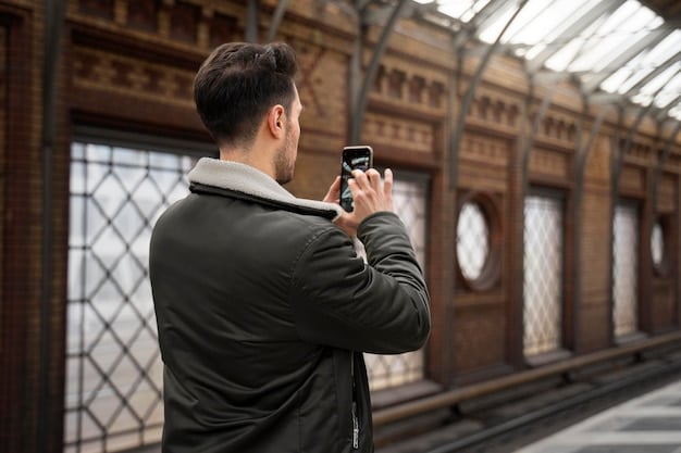 A journalist using a smartphone to capture a 360-degree video, possibly with an attachment for VR content, amidst a technologically advanced, futuristic newsroom or event setting. The imagery emphasizes the integration of immersive technologies in mobile journalism.