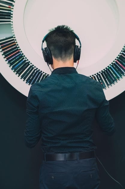 A person wearing headphones intently listening to an audio wave pattern displayed on a screen, with a digital sound mixer in the foreground, representing audio analysis.