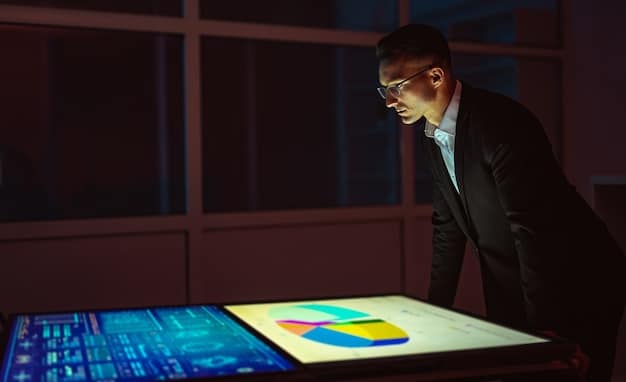 A brand manager or marketing executive analyzing data on a holographic display, showing metrics for both human and virtual influencer campaigns, illustrating the strategic integration and analysis required in modern advertising.
