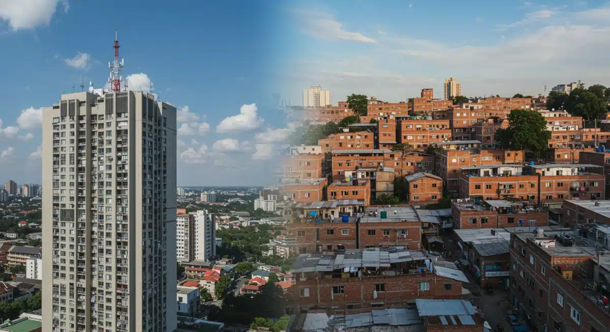 Urban digital disparity, showing 5G infrastructure next to areas with poor internet access.