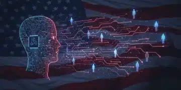 Illustration of AI ethics policies influencing US digital culture, with interconnected tech and human elements.