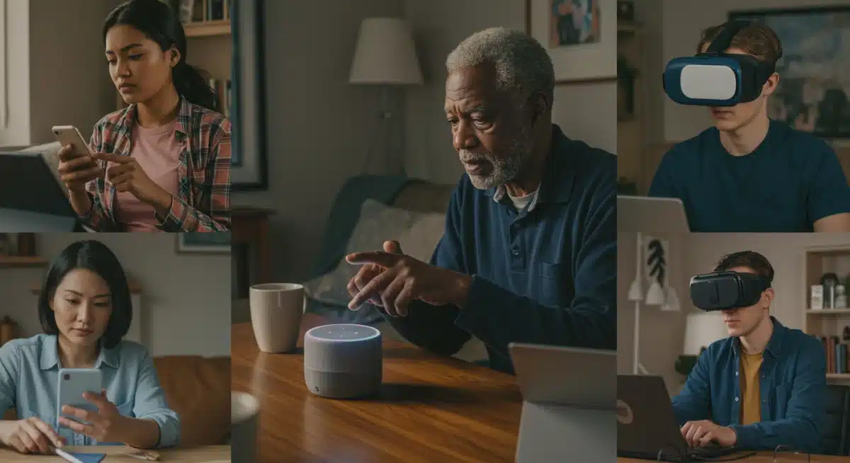 Diverse users engaging with digital devices, illustrating AI ethics policy impact.