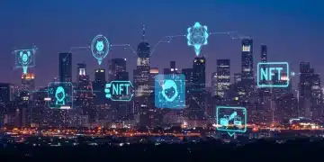 Futuristic digital city with holographic NFT applications, symbolising innovation and growth by mid-2026.