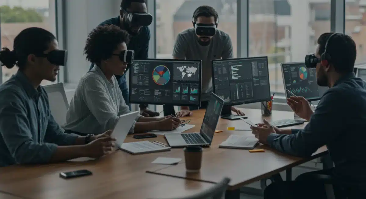 US digital creators collaborating in a virtual metaverse meeting, discussing monetisation strategies.