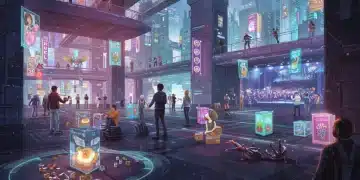 Futuristic metaverse cityscape with digital avatars, representing the burgeoning metaverse economy and virtual content creation.