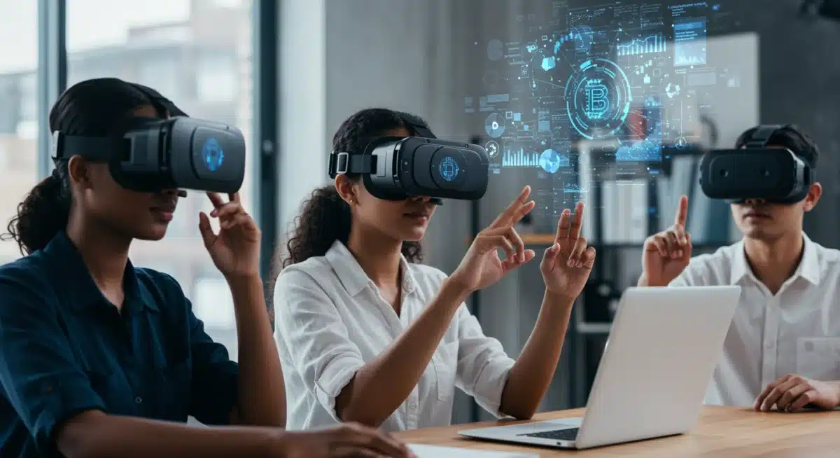 People in VR headsets interacting with decentralised autonomous organisation (DAO) applications.
