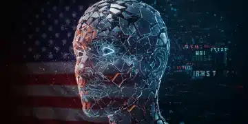 Stylised digital face fragmenting, representing deepfake deception and impact on US digital trust.