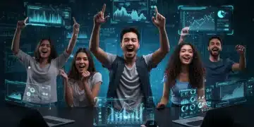 Futuristic viral challenge participants engaging with glowing digital elements, embodying the psychology of US viral trends in 2026.