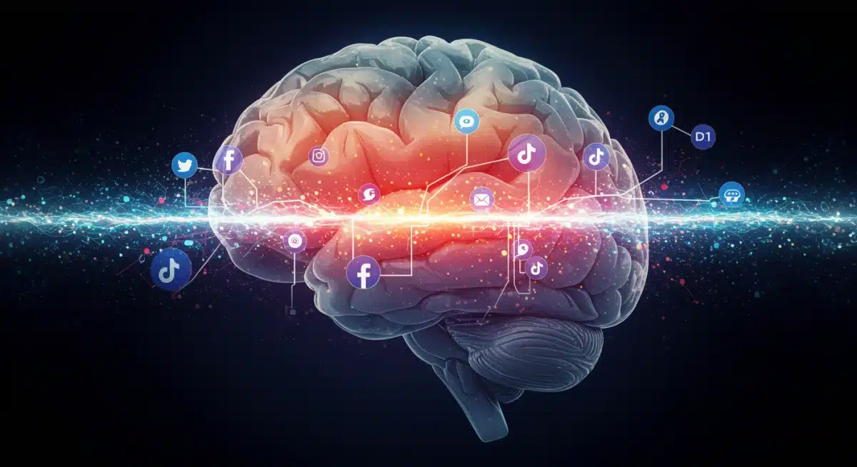 Brain graphic with social media icons, representing the psychological impact of viral challenges and user engagement.