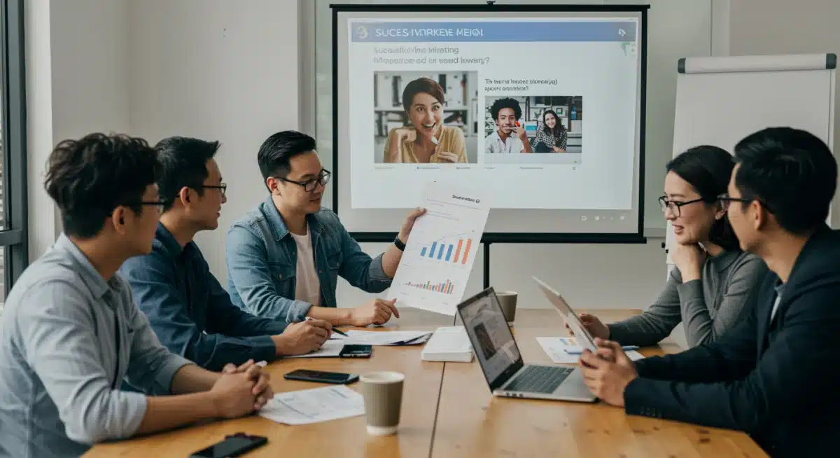 Marketing executives reviewing successful meme campaign data and engagement metrics.