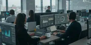 Journalists utilising AI content verification tools in a newsroom.