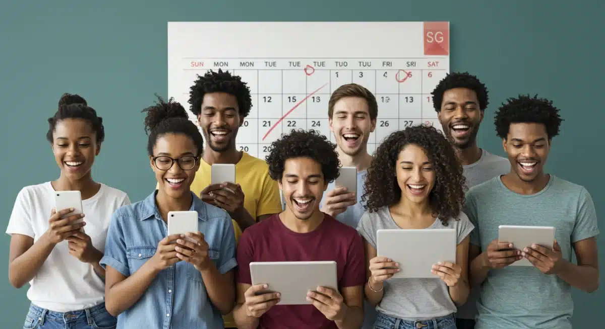 People engaging with viral content on mobile devices, with a calendar in the background highlighting key seasonal dates.