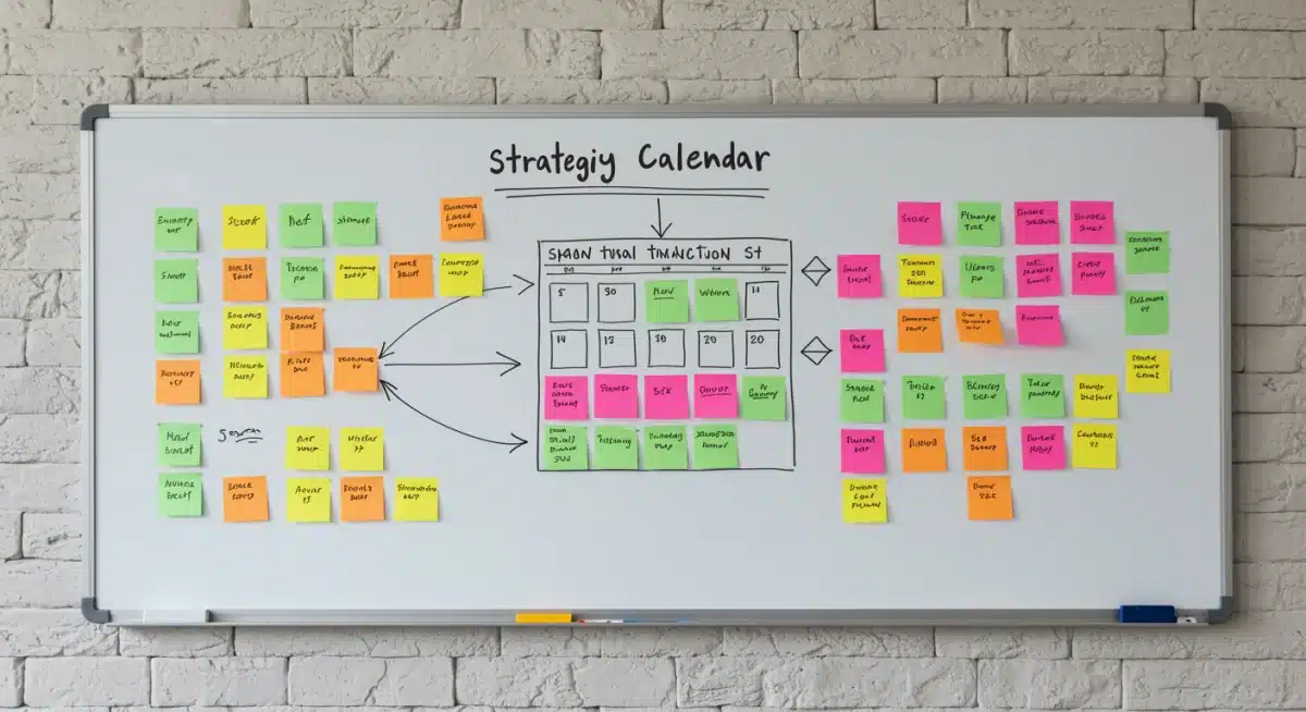 Strategic content calendar on a whiteboard, displaying planned seasonal campaigns and viral trend predictions.
