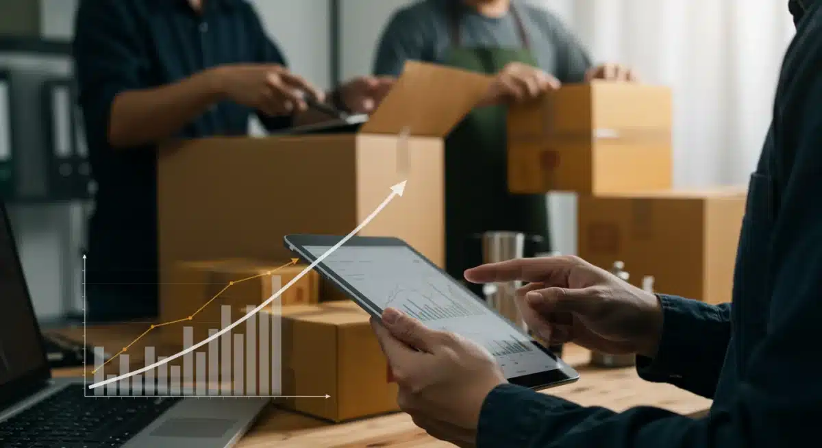 Small business owner reviewing viral growth financial data