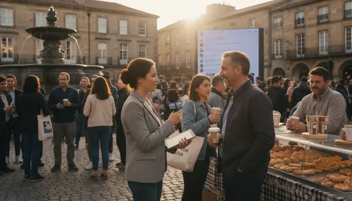 Local journalist interviewing a small business owner in a town square