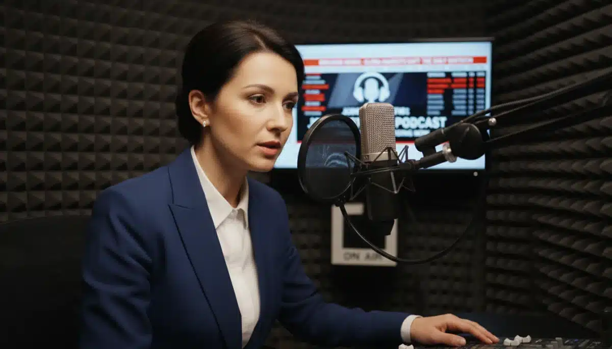 Journalist recording a podcast in a professional studio, highlighting content creation.