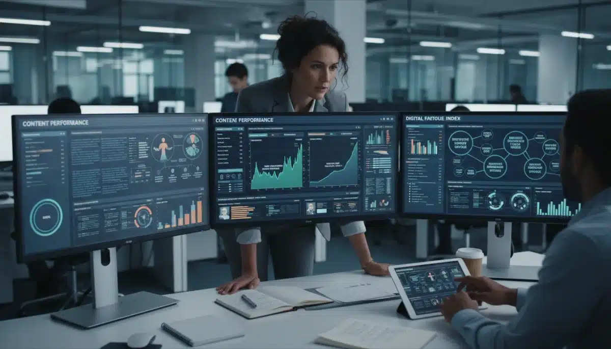 Journalist analysing data for innovative content strategies in a newsroom.