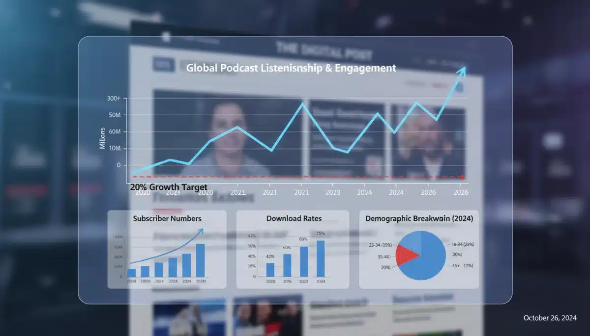 Data visualization depicting 20% audience growth in podcast journalism by 2026, showcasing strategic success.