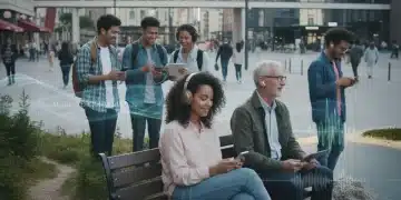 Diverse individuals engaged with podcast journalism through headphones and mobile devices, illustrating audience engagement.