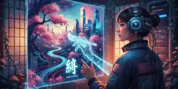 Vibrant AI-generated artwork with digital creator observing, symbolising adaptation to new technologies.