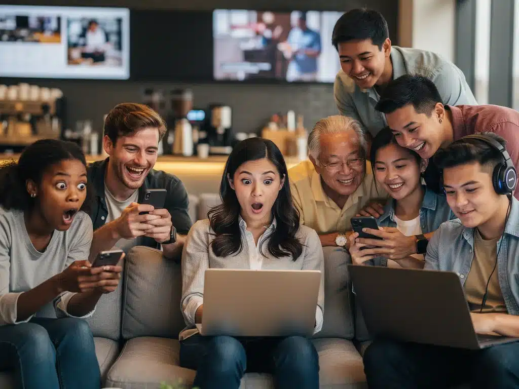 Diverse US audience engaging with viral content on digital devices.