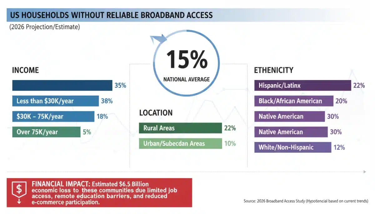 Infographic showing US households without broadband access by demographic and economic impact.
