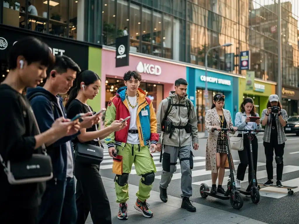Diverse consumers engaging with products and services that have transitioned from niche to mainstream, reflecting broad market adoption.