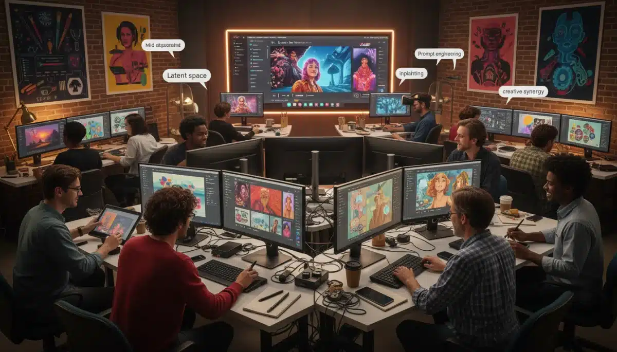Digital artists collaborating and experimenting with AI art generation platforms.
