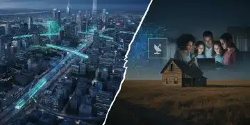 Illustration of the digital divide with a rural home lacking internet next to a city with abundant connectivity.