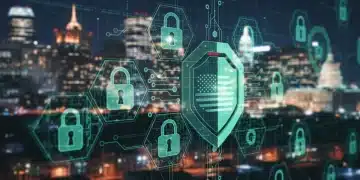 Digital identity protection shield over a cityscape, representing robust cybersecurity for US citizens in 2026.