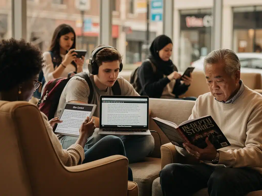 Diverse audience engaged with long-form slow content on various digital devices.