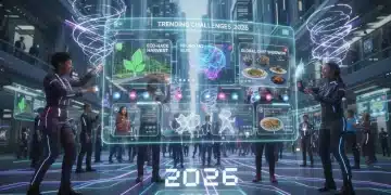 Futuristic social media interface showing engaging viral challenges in 2026, US users interacting.