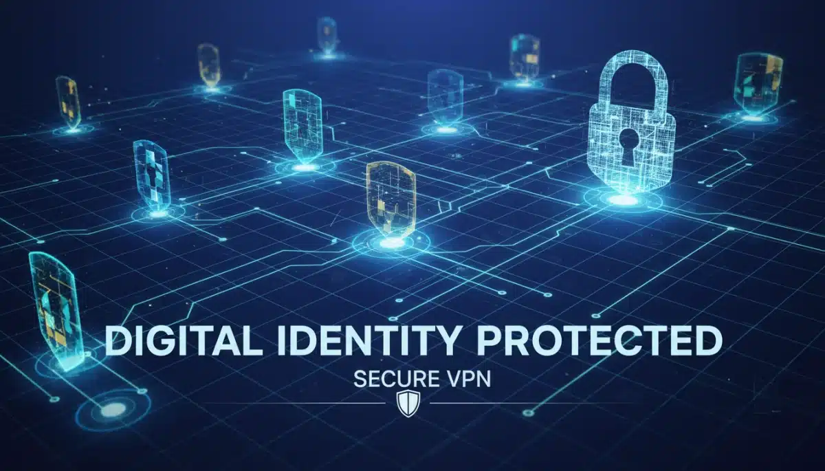 Secure data flow through an encrypted network, symbolising VPN use and data protection.