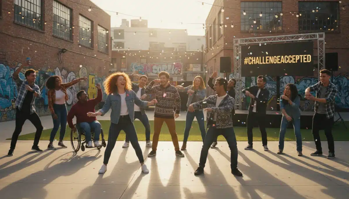 Young adults engaging enthusiastically in a viral challenge, capturing content on smartphones.